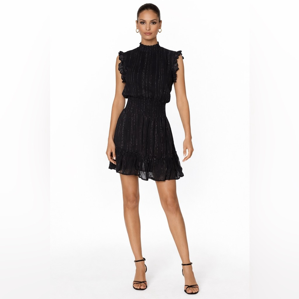 Elan Black Metallic Stripe Ruffle Mini Dress Smocked Waist Size M